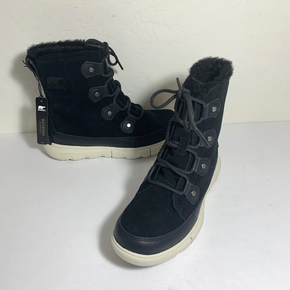 Sorel Explorer II Joan Boots Lace Up Suede Faux Fur Booties Black Size 7 NEW - Picture 2 of 8